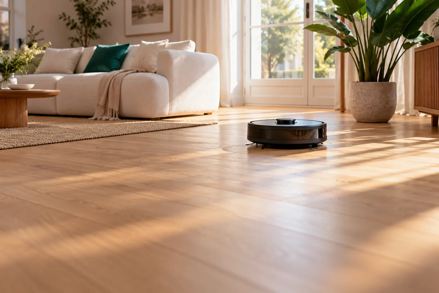 Robot aspirateur sur un parquet clair fraîchement nettoyé, dans un salon lumineux